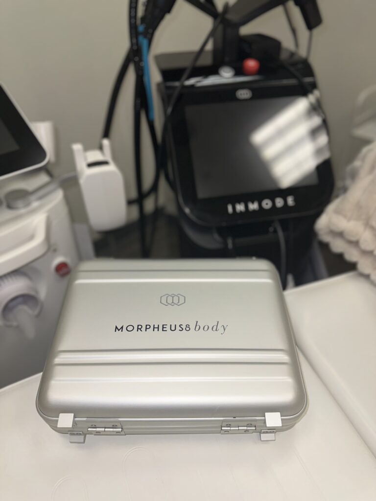 Before and after Morpheus8 Body Deep Burst RF microneedling treatment for skin tightening and contouring in Frisco, TX.